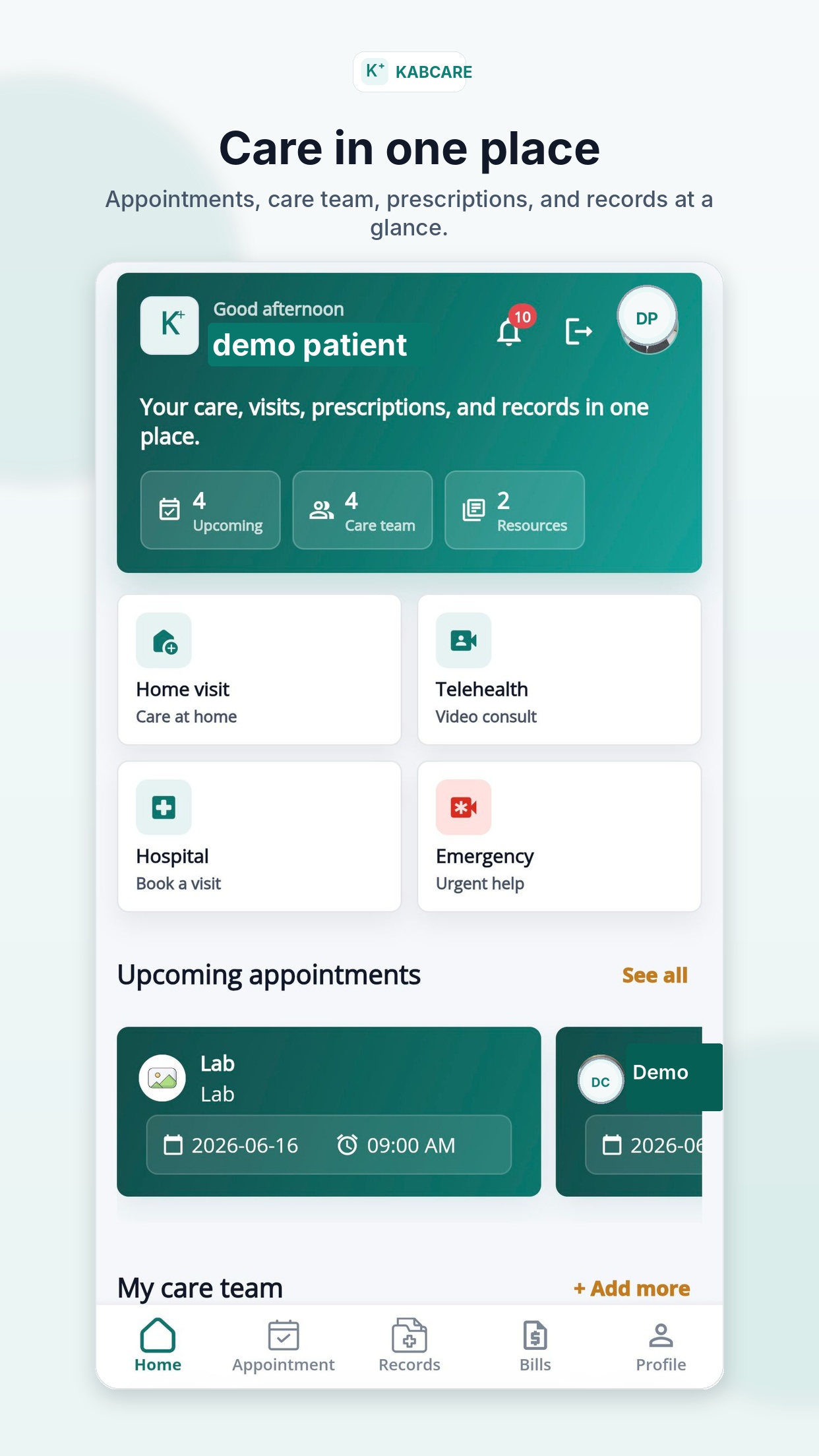 KABCARE patient app dashboard showing appointments, care services, records, and care team
